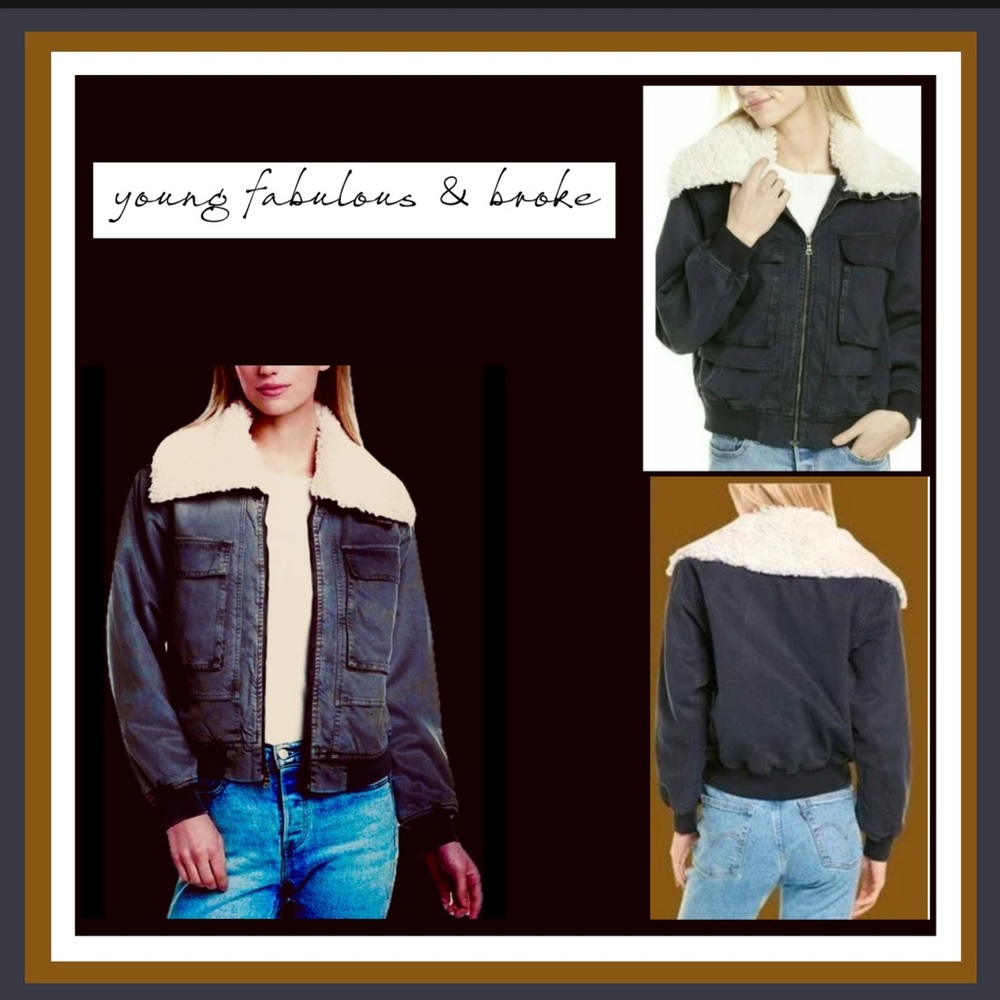Young, Fabulous,& Broke Earhart Bomber Jacket w/ Faux Sherpa Collar in Navy Sz S